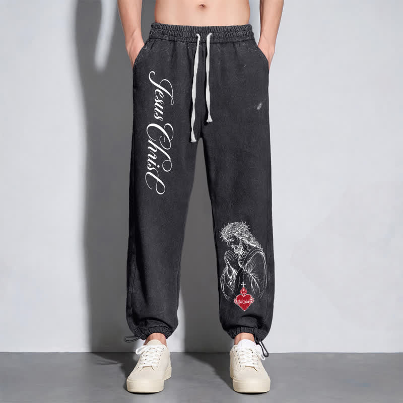 Christianartworkshop Jesus Christ Script Sacred Heart Washed Sweatpants - image 30