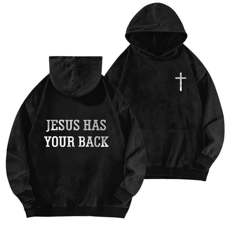 Christianartworkshop Jesus Has Your Back Cross Print Washed Hoodie - Black - 5XL - image 3