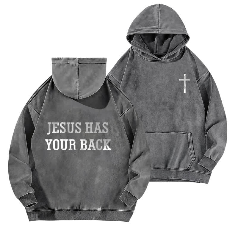 Christianartworkshop Jesus Has Your Back Cross Print Washed Hoodie - Grey - 5XL - image 9