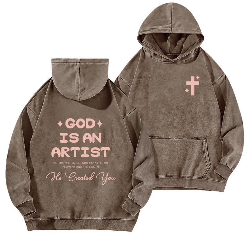 Christianartworkshop God Is An Artist Vintage Pink Print Washed Hoodie - Coffee - 5XL - image 0