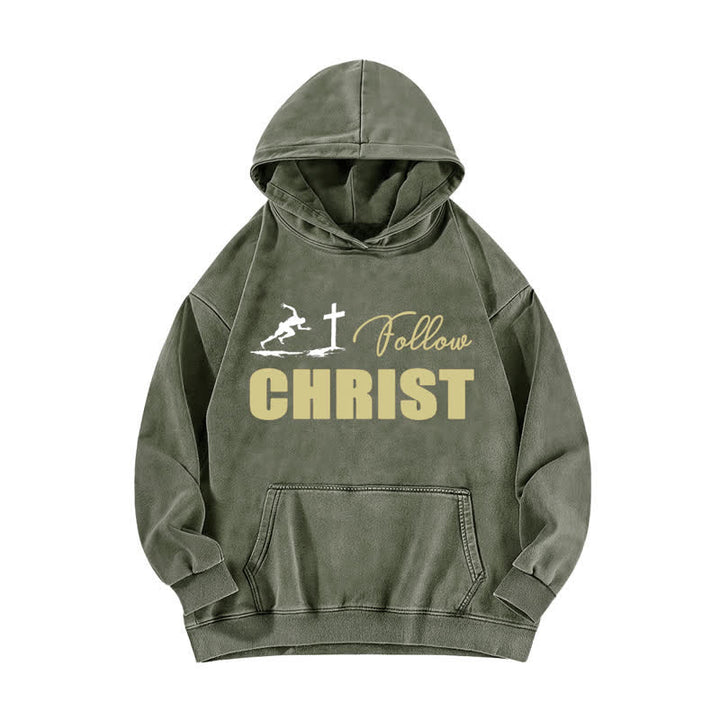 Christianartworkshop Follow Christ Cross Graphic Oversized Washed Hoodie - Army Green - 5XL - image 4
