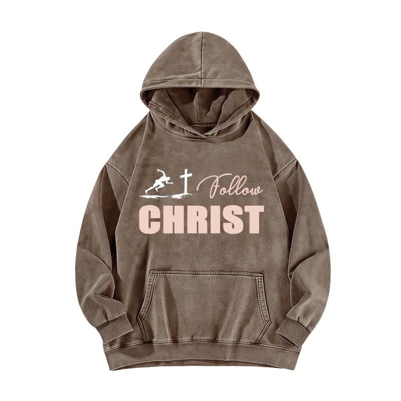Christianartworkshop Follow Christ Cross Graphic Oversized Washed Hoodie - Coffee - 5XL - image 3