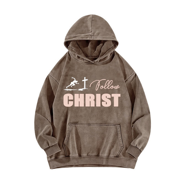 Christianartworkshop Follow Christ Cross Graphic Oversized Washed Hoodie - Coffee - 5XL - image 3