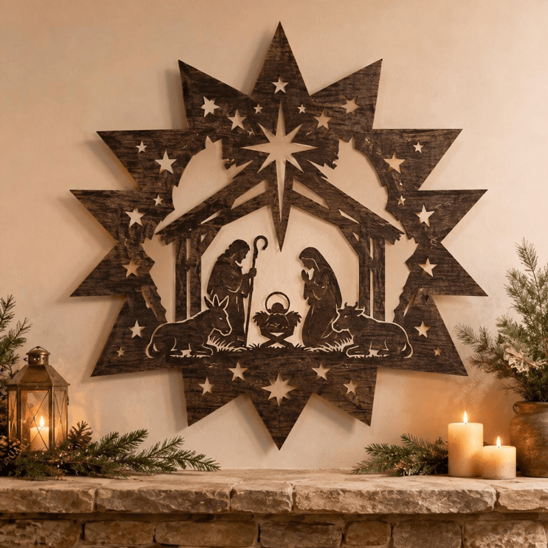 Christianartworkshop Star Frame Nativity Scene Metal Wall Art: Emblem of Guiding Heavenly Light - image 0