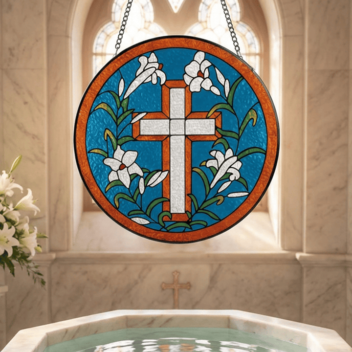 Christianartworkshop Circular Lily Framed Cross Glass Suncatcher: Token of Peaceful Divine Hope - Blue - image 0