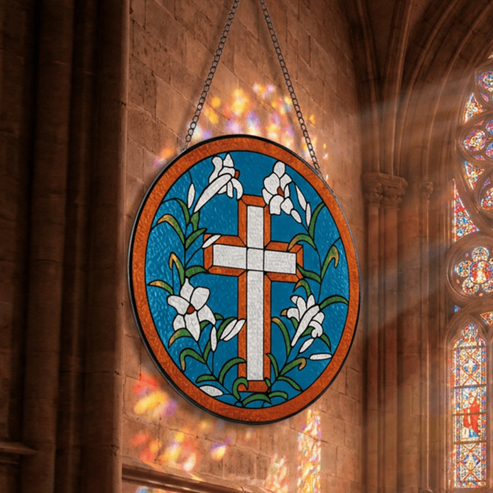 Christianartworkshop Circular Lily Framed Cross Glass Suncatcher: Token of Peaceful Divine Hope - image 2