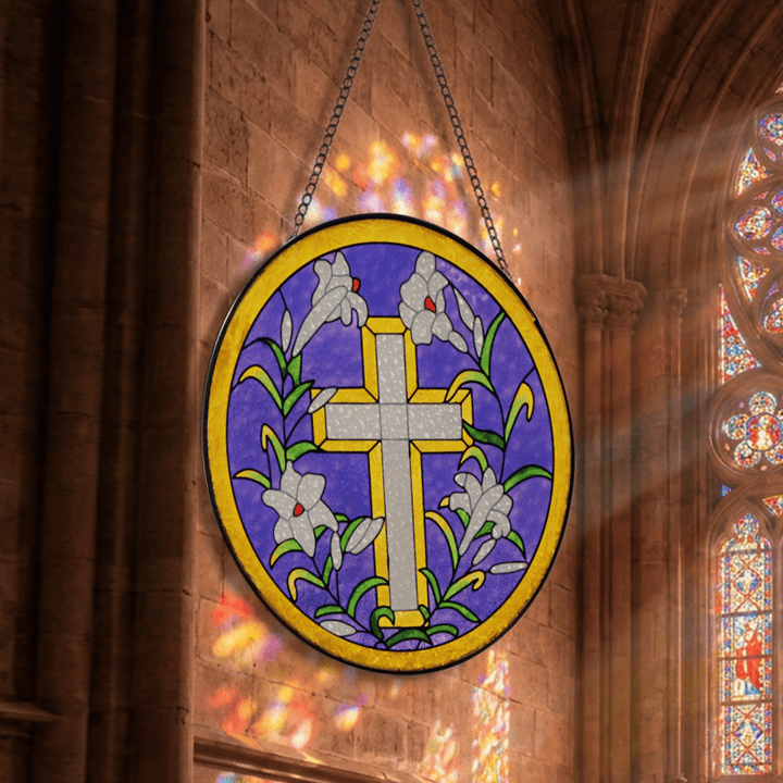 Christianartworkshop Circular Lily Framed Cross Glass Suncatcher: Token of Peaceful Divine Hope - image 5