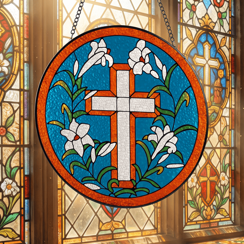 Christianartworkshop Circular Lily Framed Cross Glass Suncatcher: Token of Peaceful Divine Hope - image 1