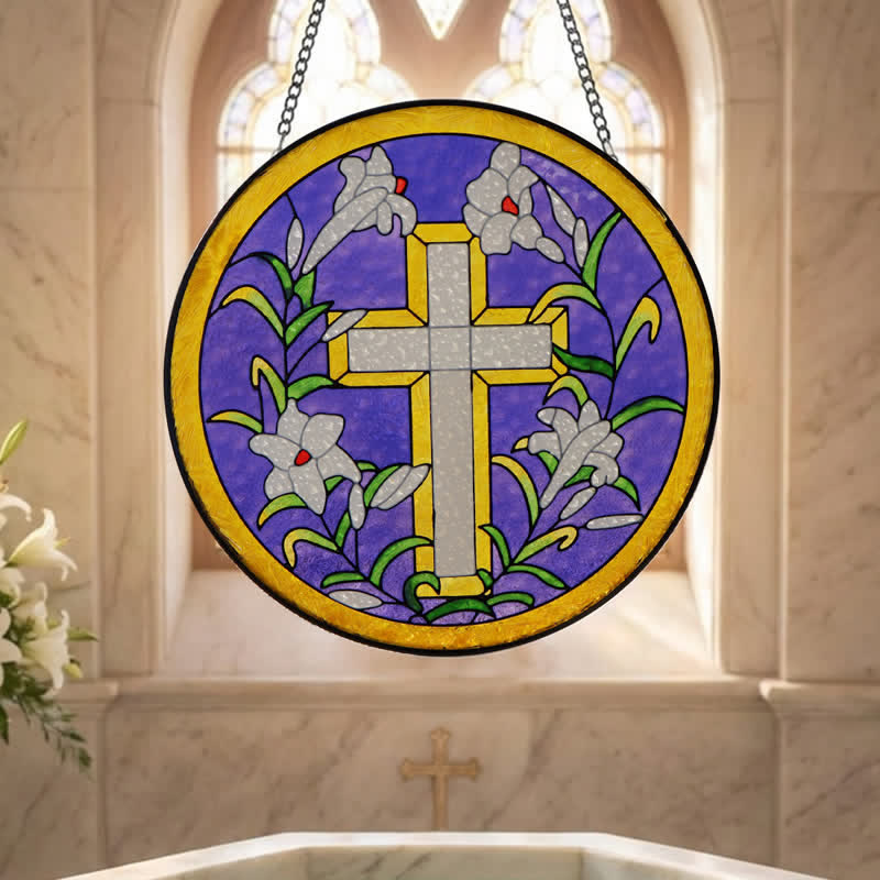 Christianartworkshop Circular Lily Framed Cross Glass Suncatcher: Token of Peaceful Divine Hope - Purple - image 3
