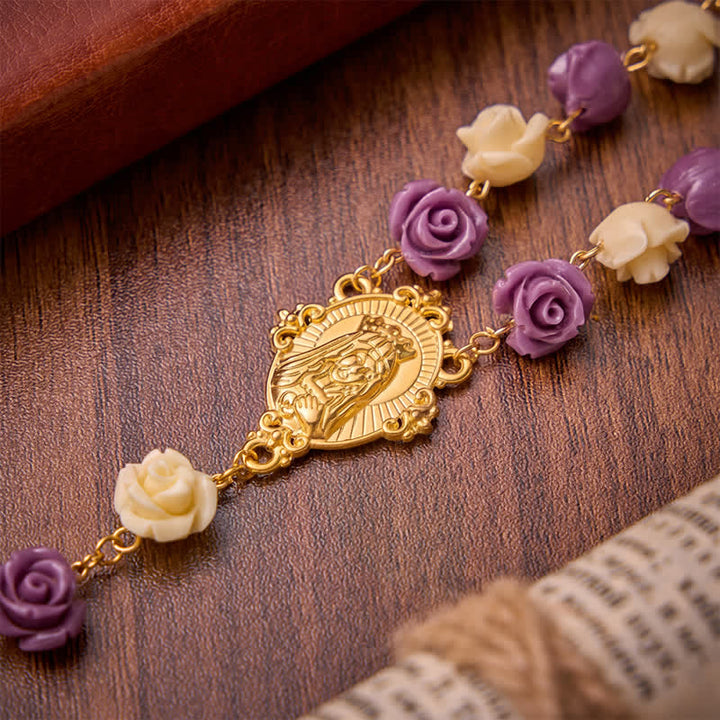 Christianartworkshop Cream Purple Rose Bead Our Lady & Jeweled Crucifix Rosary: Emblem of Gentle Heavenly Grace - image 7