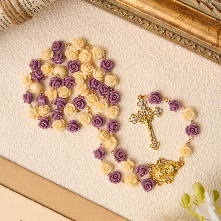 Christianartworkshop Cream Purple Rose Bead Our Lady & Jeweled Crucifix Rosary: Emblem of Gentle Heavenly Grace - image 4