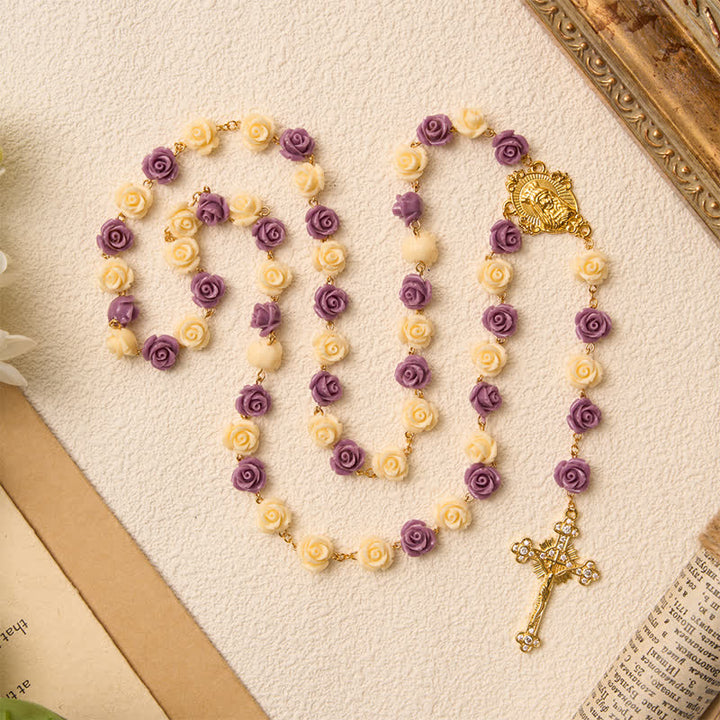 Christianartworkshop Cream Purple Rose Bead Our Lady & Jeweled Crucifix Rosary: Emblem of Gentle Heavenly Grace - image 2
