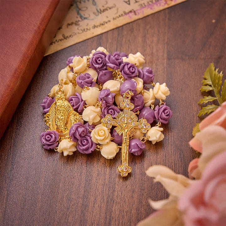 Christianartworkshop Cream Purple Rose Bead Our Lady & Jeweled Crucifix Rosary: Emblem of Gentle Heavenly Grace - image 5