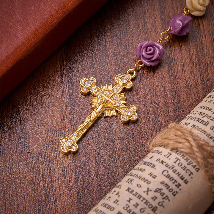 Christianartworkshop Cream Purple Rose Bead Our Lady & Jeweled Crucifix Rosary: Emblem of Gentle Heavenly Grace - image 8