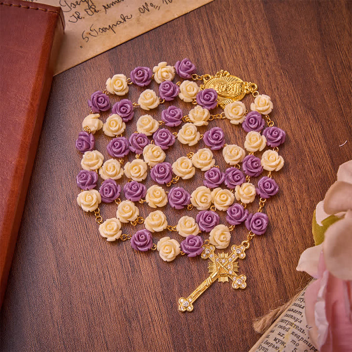 Christianartworkshop Cream Purple Rose Bead Our Lady & Jeweled Crucifix Rosary: Emblem of Gentle Heavenly Grace - Two-Tone Rose Beads Rosary - image 0