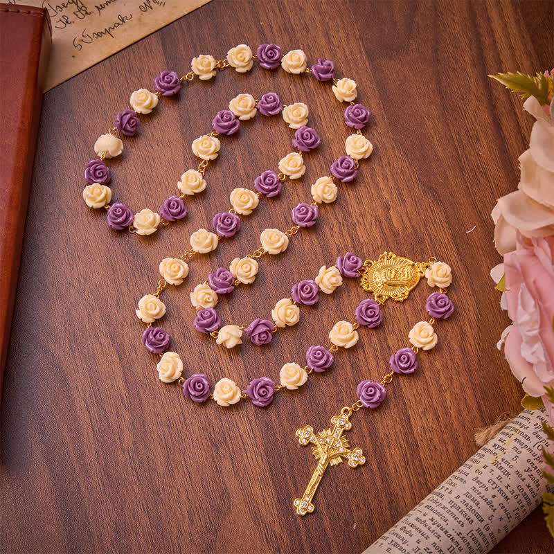 Christianartworkshop Cream Purple Rose Bead Our Lady & Jeweled Crucifix Rosary: Emblem of Gentle Heavenly Grace - image 3