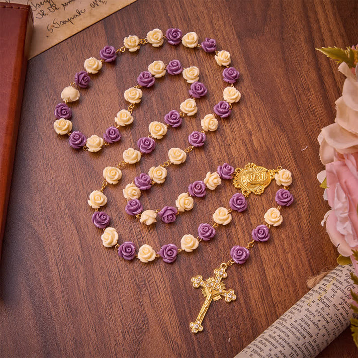 Christianartworkshop Cream Purple Rose Bead Our Lady & Jeweled Crucifix Rosary: Emblem of Gentle Heavenly Grace - image 3