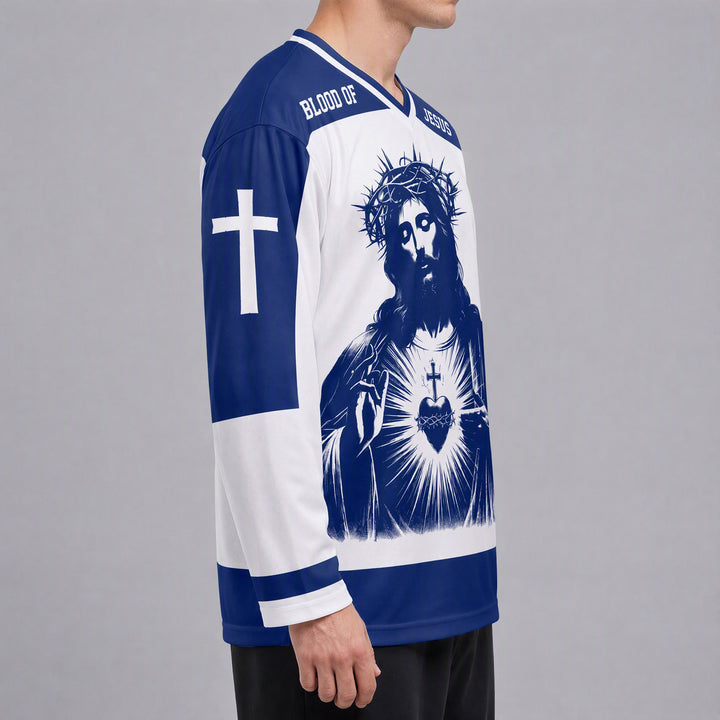 Christianartworkshop Blood of Jesus Sacred Heart Long Sleeve Hockey Jersey  - image 3