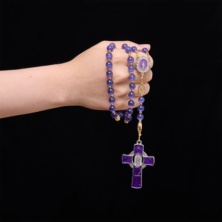 Christianartworkshop Purple Cat's Eye Beads Enamel-Inlaid Cross Our Lady Rosary: Sign of Quiet Heavenly Blessing - image 1