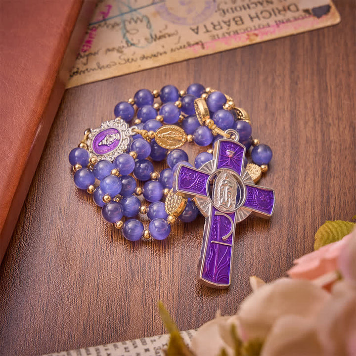Christianartworkshop Purple Cat's Eye Beads Enamel-Inlaid Cross Our Lady Rosary: Sign of Quiet Heavenly Blessing - image 5