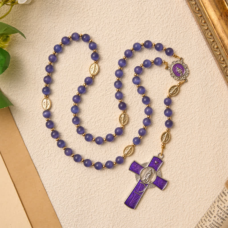 Christianartworkshop Purple Cat's Eye Beads Enamel-Inlaid Cross Our Lady Rosary: Sign of Quiet Heavenly Blessing - image 3