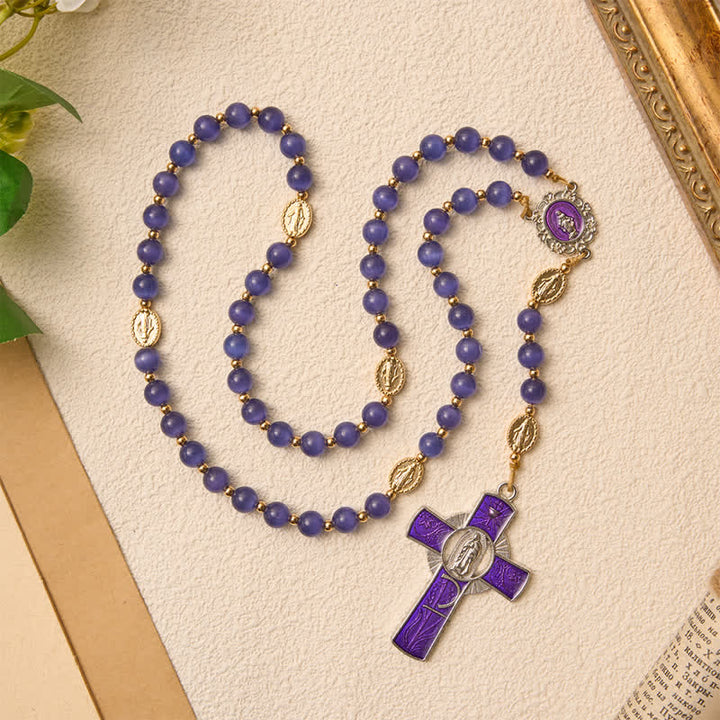 Christianartworkshop Purple Cat's Eye Beads Enamel-Inlaid Cross Our Lady Rosary: Sign of Quiet Heavenly Blessing - image 3