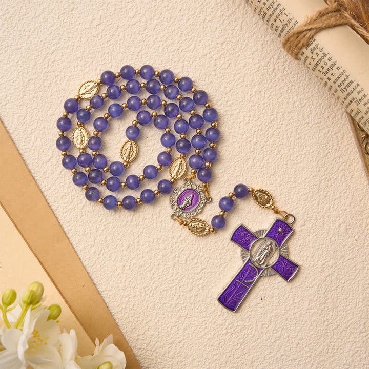 Christianartworkshop Purple Cat's Eye Beads Enamel-Inlaid Cross Our Lady Rosary: Sign of Quiet Heavenly Blessing - image 4