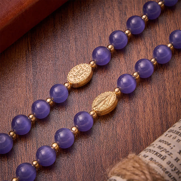 Christianartworkshop Purple Cat's Eye Beads Enamel-Inlaid Cross Our Lady Rosary: Sign of Quiet Heavenly Blessing - image 6