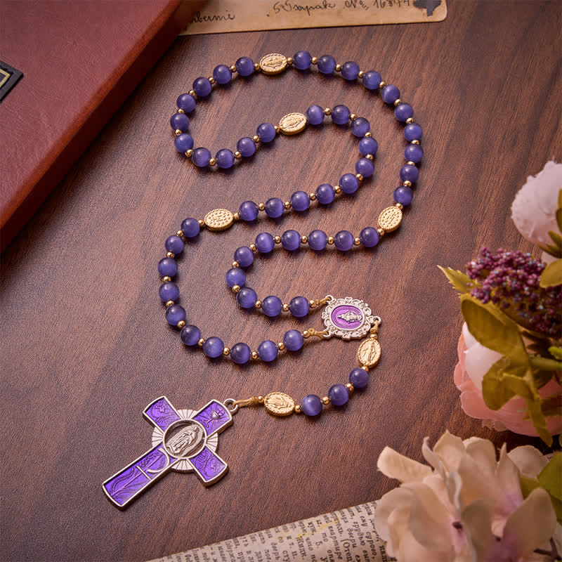 Christianartworkshop Purple Cat's Eye Beads Enamel-Inlaid Cross Our Lady Rosary: Sign of Quiet Heavenly Blessing - image 2