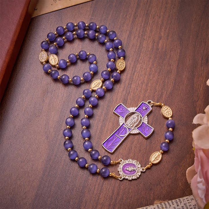 Christianartworkshop Purple Cat's Eye Beads Enamel-Inlaid Cross Our Lady Rosary: Sign of Quiet Heavenly Blessing - Purple Cat's Eyes Rosary - image 0