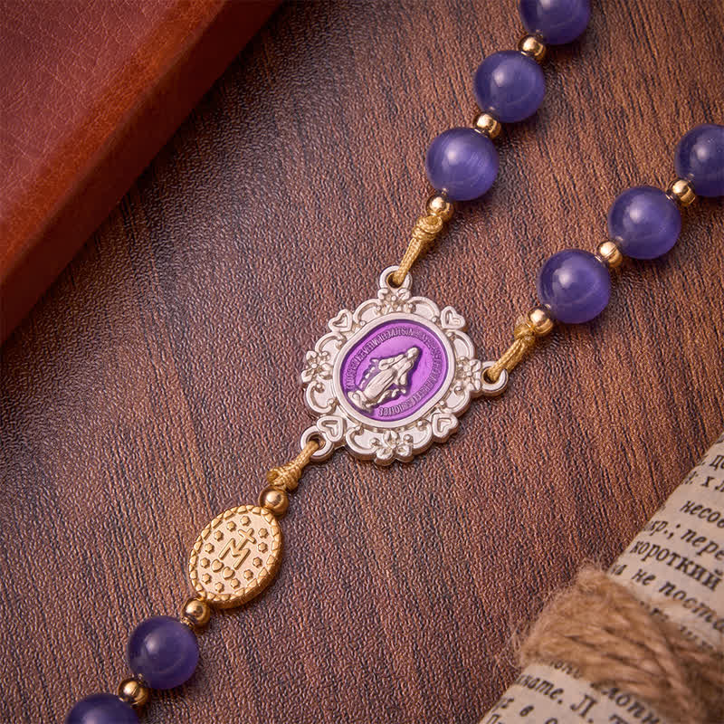 Christianartworkshop Purple Cat's Eye Beads Enamel-Inlaid Cross Our Lady Rosary: Sign of Quiet Heavenly Blessing - image 7