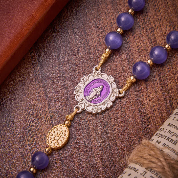 Christianartworkshop Purple Cat's Eye Beads Enamel-Inlaid Cross Our Lady Rosary: Sign of Quiet Heavenly Blessing - image 7