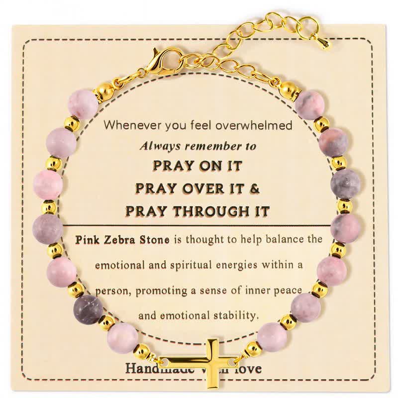 Christianartworkshop Adjustable Crystal Agate Cross Bracelet: Sign of Gentle Celestial Shelter - Pink Zebra Jasper - image 3