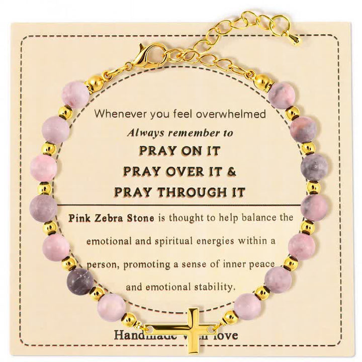 Christianartworkshop Adjustable Crystal Agate Cross Bracelet: Sign of Gentle Celestial Shelter - Pink Zebra Jasper - image 3