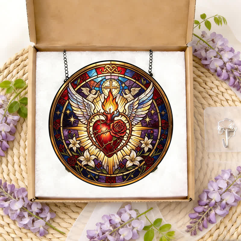 Christianartworkshop Round Glass Hanging Sacred Heart Glass Suncatcher: Token of Peaceful Divine Comfort - image 11