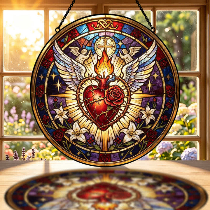 Christianartworkshop Round Glass Hanging Sacred Heart Glass Suncatcher: Token of Peaceful Divine Comfort - image 1
