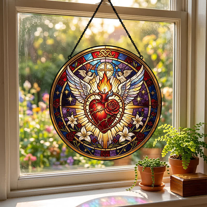 Christianartworkshop Round Glass Hanging Sacred Heart Glass Suncatcher: Token of Peaceful Divine Comfort - image 3