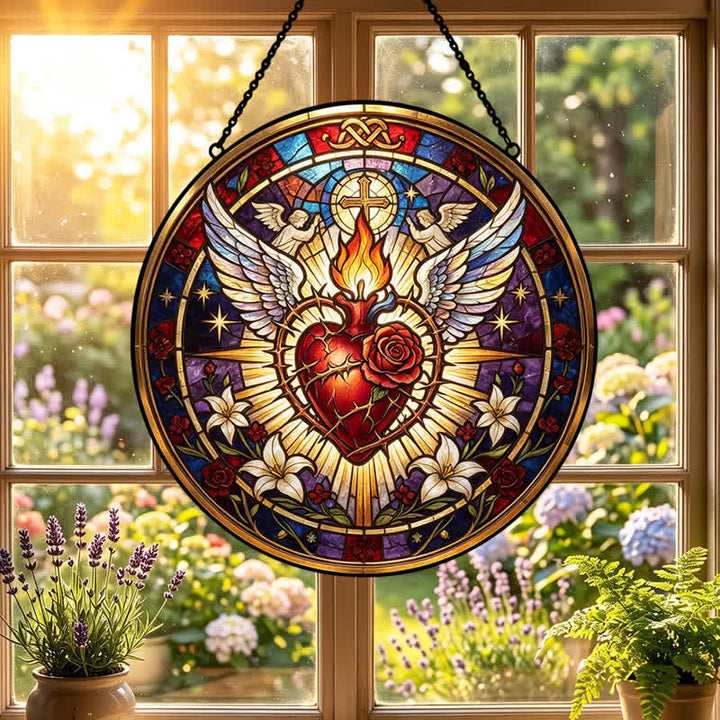 Christianartworkshop Round Glass Hanging Sacred Heart Glass Suncatcher: Token of Peaceful Divine Comfort - image 5