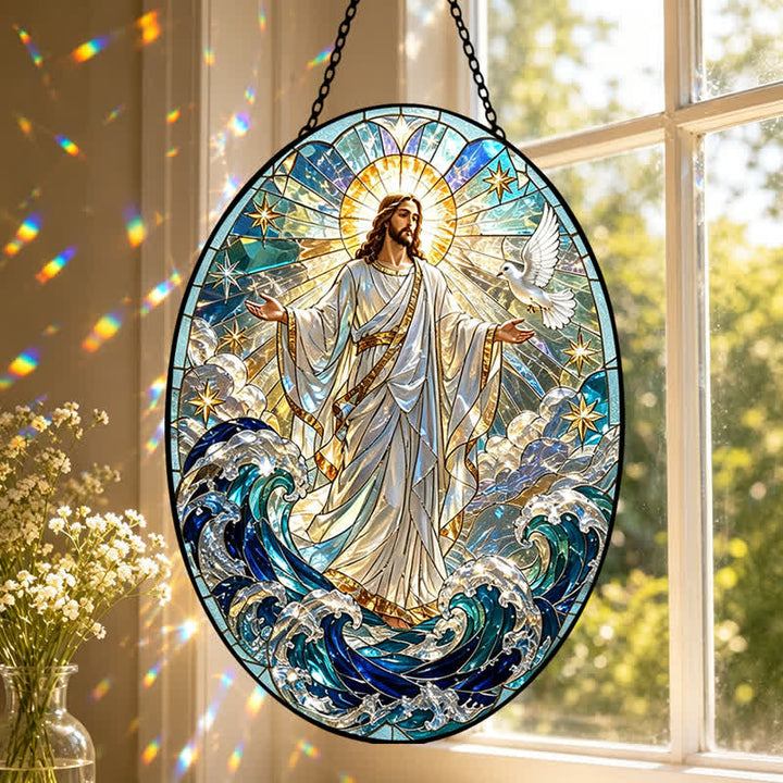 Christianartworkshop Decorative Hanging Jesus Sacred Glass Suncatcher: Carrier of Quiet Devotion - image 0