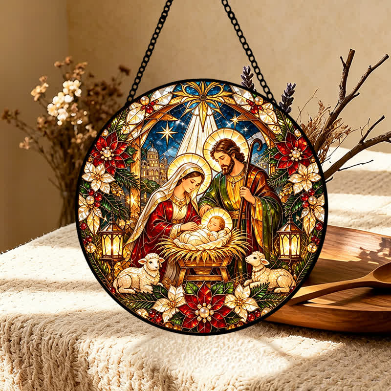 Christianartworkshop Round Stained Nativity Glass Suncatcher: Emblem of Tender Heavenly Arrival - image 5