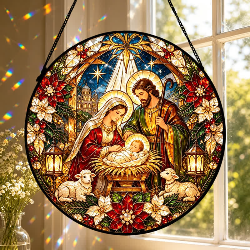 Christianartworkshop Round Stained Nativity Glass Suncatcher: Emblem of Tender Heavenly Arrival - image 6