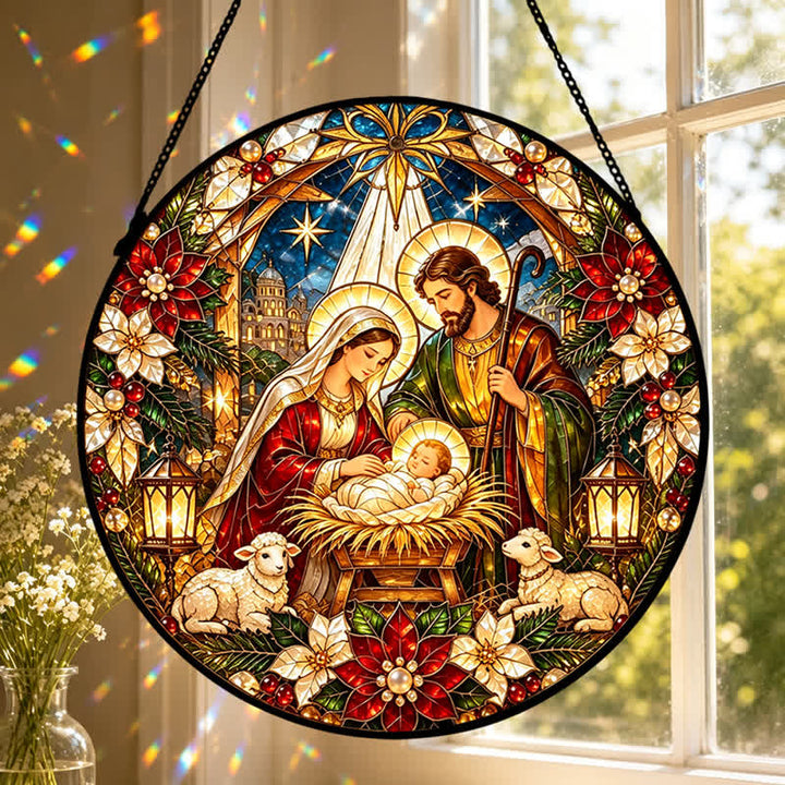 Christianartworkshop Round Stained Nativity Glass Suncatcher: Emblem of Tender Heavenly Arrival - image 6