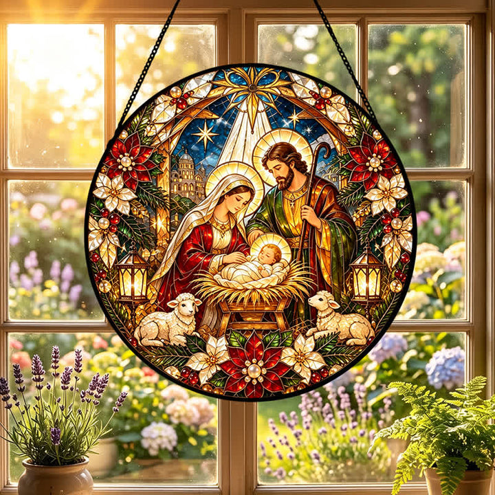 Christianartworkshop Round Stained Nativity Glass Suncatcher: Emblem of Tender Heavenly Arrival - image 0