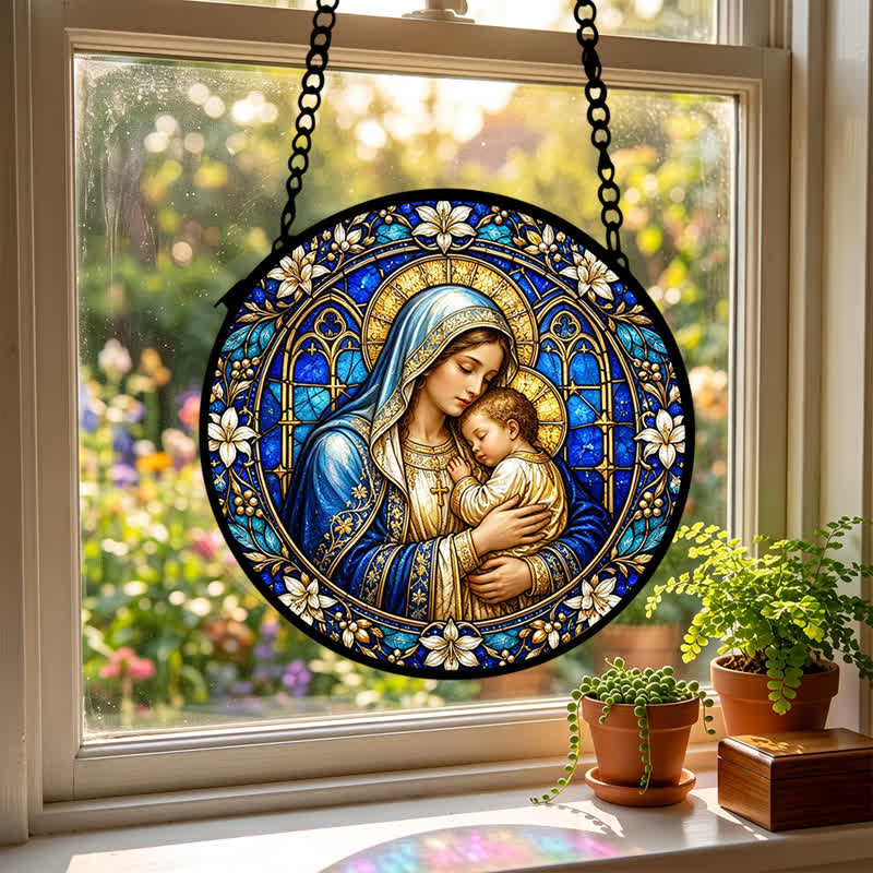 Christianartworkshop Ornate Circular Nativity Glass Suncatcher: Emblem of Serene Divine Tenderness - image 2
