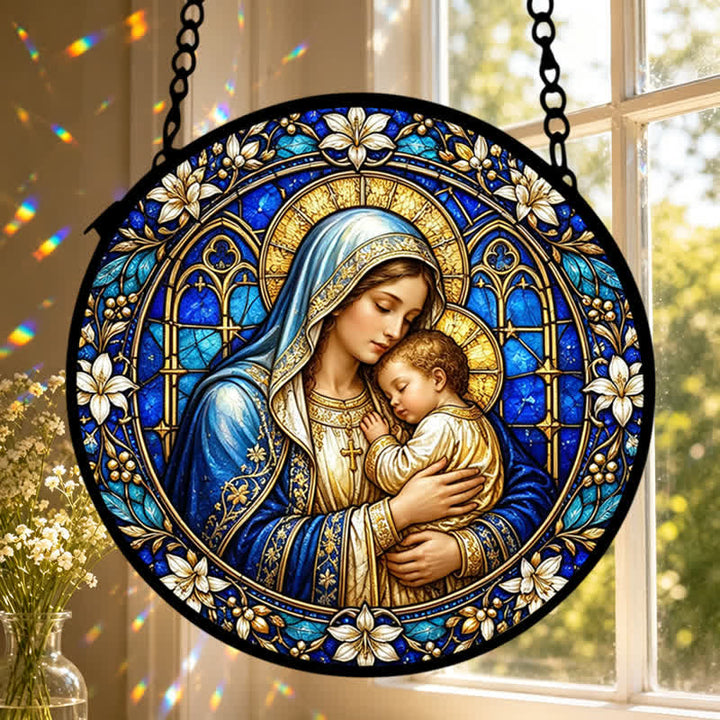 Christianartworkshop Ornate Circular Nativity Glass Suncatcher: Emblem of Serene Divine Tenderness - image 5