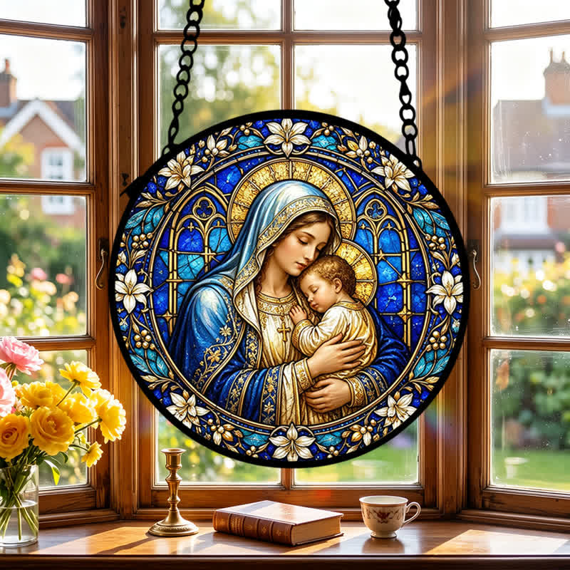 Christianartworkshop Ornate Circular Nativity Glass Suncatcher: Emblem of Serene Divine Tenderness - image 3