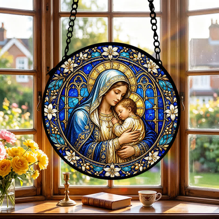 Christianartworkshop Ornate Circular Nativity Glass Suncatcher: Emblem of Serene Divine Tenderness - image 3