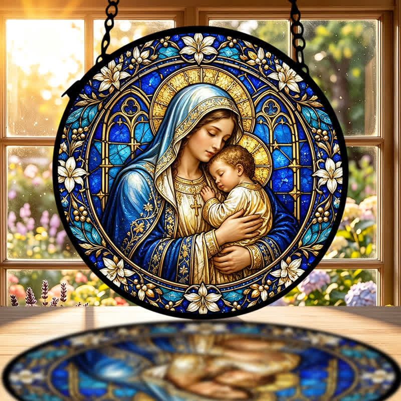 Christianartworkshop Ornate Circular Nativity Glass Suncatcher: Emblem of Serene Divine Tenderness - image 1