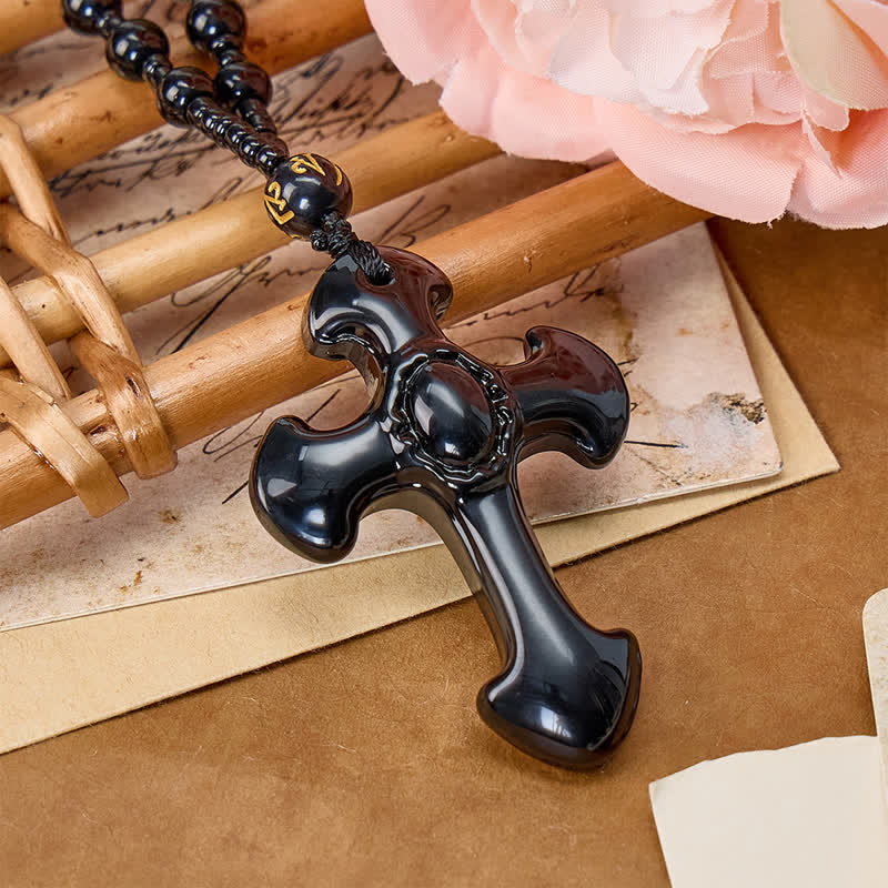 Christianartworkshop Polished Relief Glass Cross Bead Pendant: Sign of Steady Divine Guardianship - Black - image 0