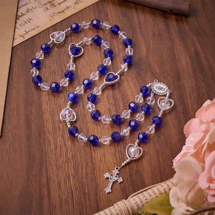 Christianartworkshop Hollow Heart Glass Rosary with Deep Blue Faceted Beads: Token of Abiding Divine Protection - Deep Blue Heart Beads Rosary - image 0
